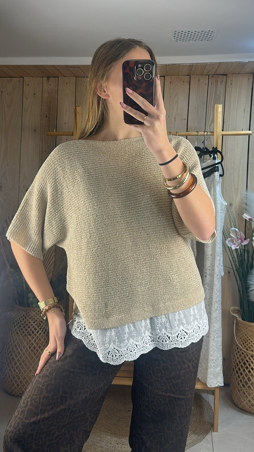 Top écru maille et dentelle