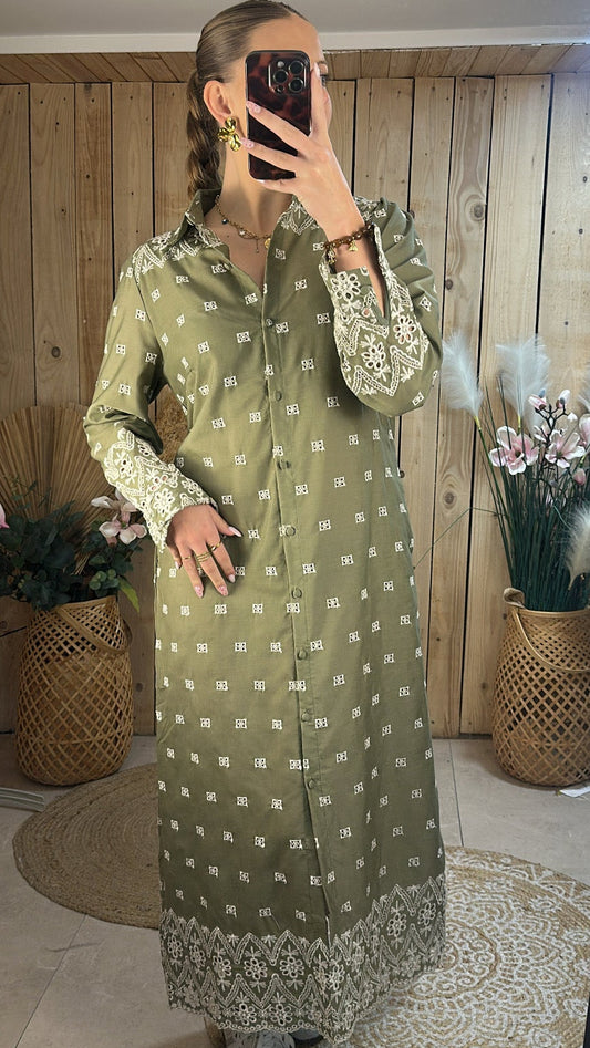 Robe longue kaki brodée