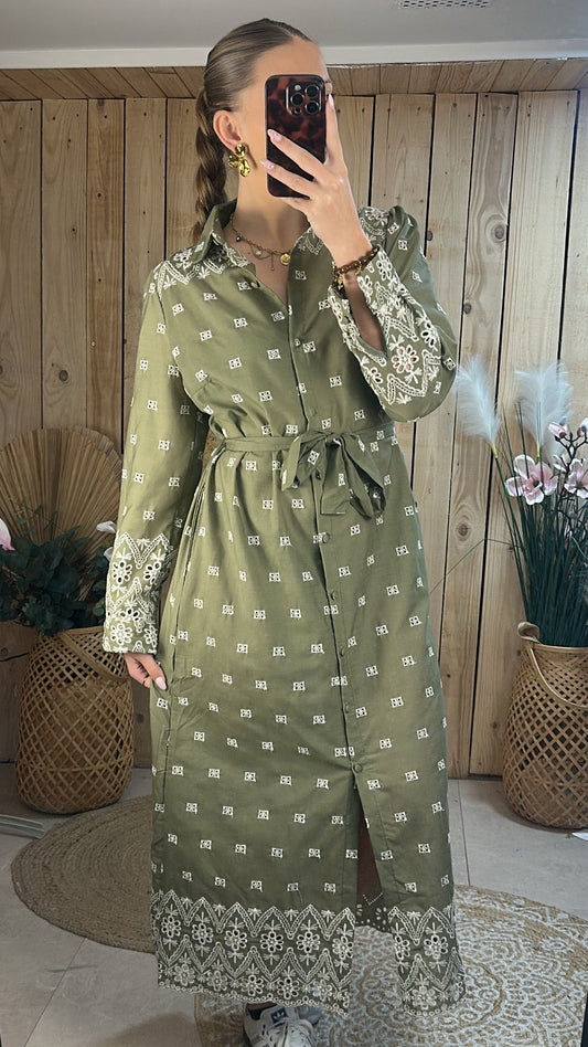 Robe longue kaki brodée