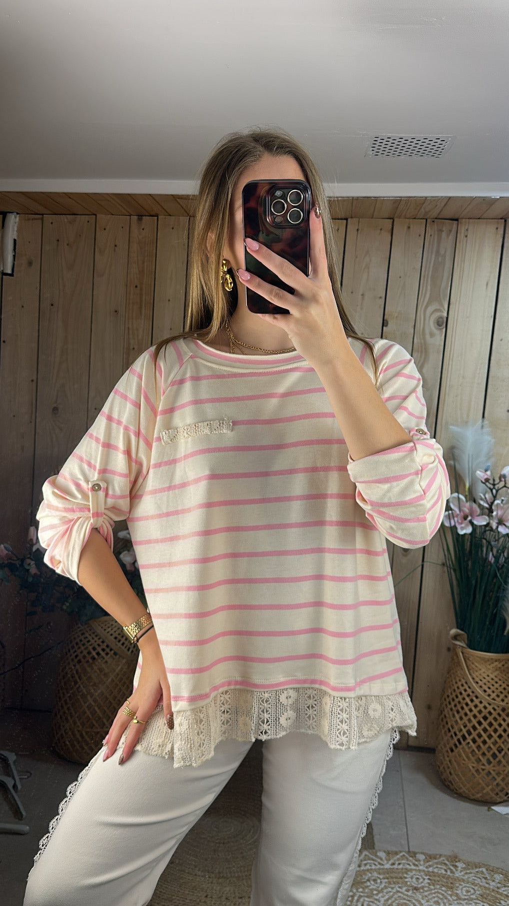 T-shirt rayé/ dentelle