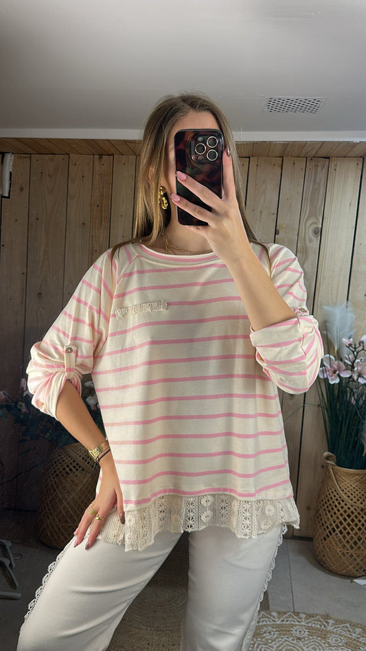 T-shirt rayé/ dentelle