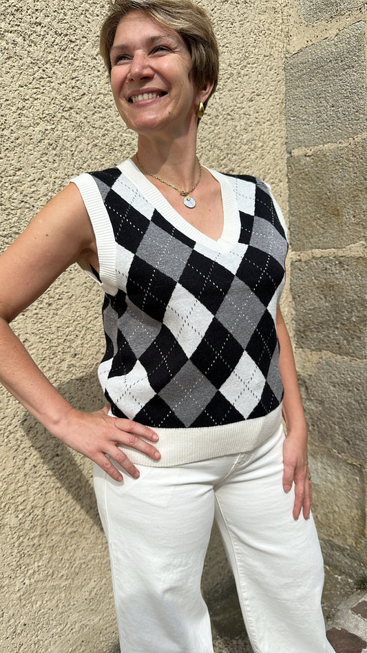 Pull sans manches carreaux