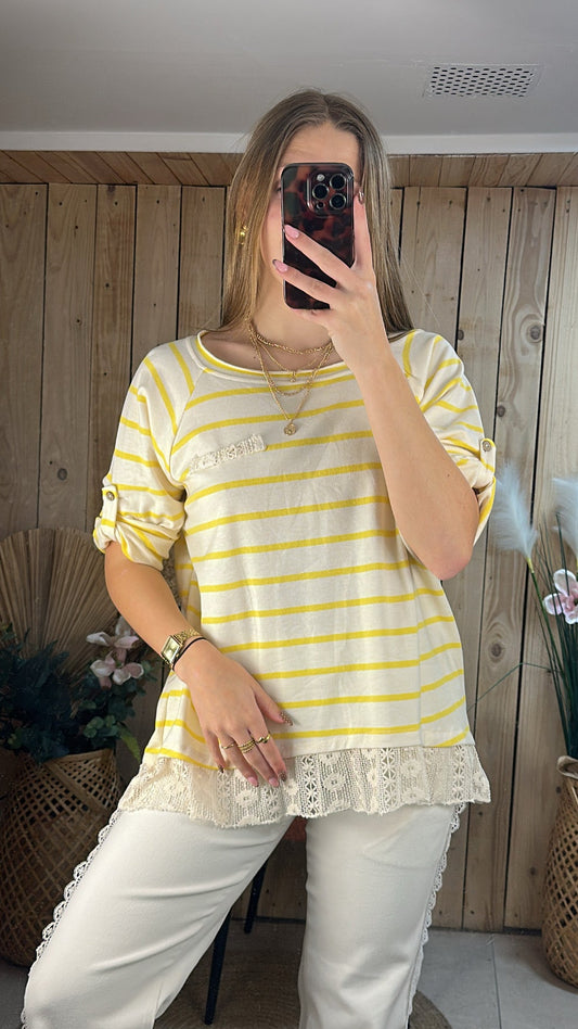 T-shirt rayé/ dentelle