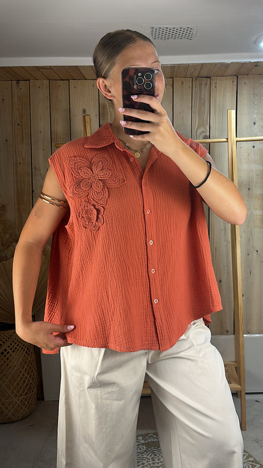 Top brodé en gaze de coton