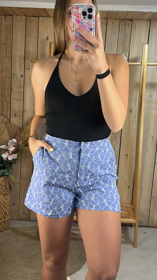 Short bleu brodé